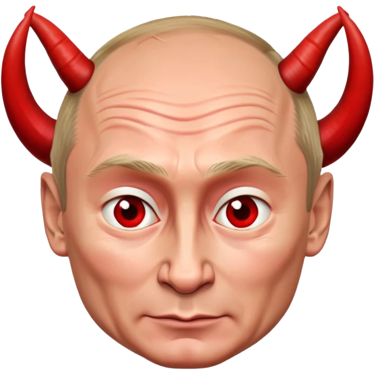 face of Vladimir Putin as a devil with red skin, horns, mischievous expression emoji