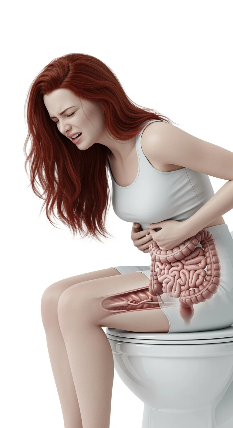 DONNA CON MAL DI PANCIA SEDUTA SUL WC MENTRE SI SFORZA, INTESTINO UMANO ANATOMICO IN EVIDENZA, IPERREALISTICA 4K, SFONDO BIANCO emoji