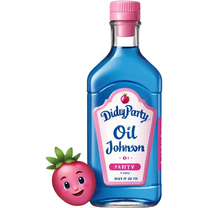 bottle of oil blue top pink outside with logo that says Diddy Party oil Johnson and Johnson  brand with a smiling berry on top emoji