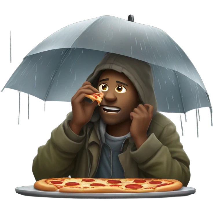 homeless man eating a pizza in the rain emoji