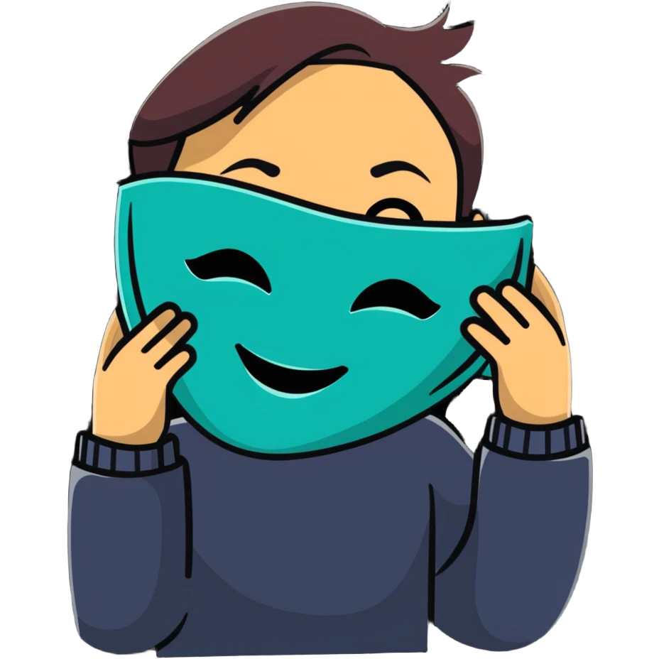 person holding a happy mask in front of their face, sad behind it emoji