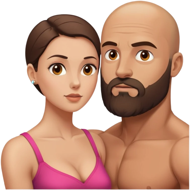 Muscular Bald man with a beard passionately gazing at his young brunette wife  emoji