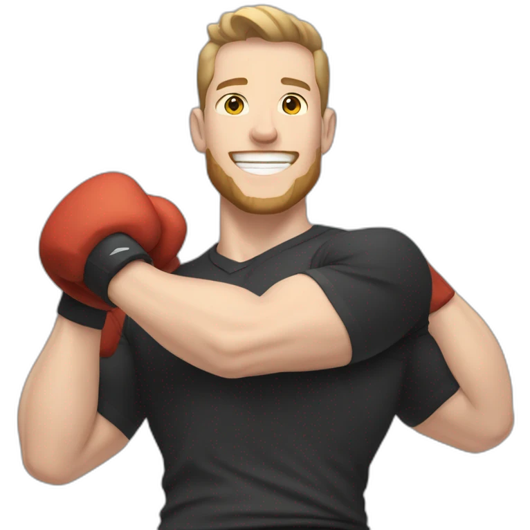 Joyful Celebrating victory Pale skinned Fit Man With the biceps and dark brown hair in black shirt, gray sports shorts and white Sneakers emoji