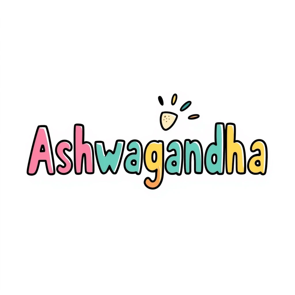 The word "Ashwagandha" hand-drawn in a vibrant tropical color scheme with pinks, teals, and yellows. Simple doodle style with minimal decoration. emoji