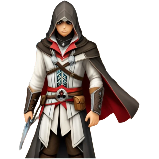 icon featuring Assasin's Creed in an iconic assassin's hood, standing tall against the backdrop of Florence. The design captures the essence of adventure, with intricate details of historical architecture and a sense of mystery. The character is poised, ready for action. transparent background. emoji