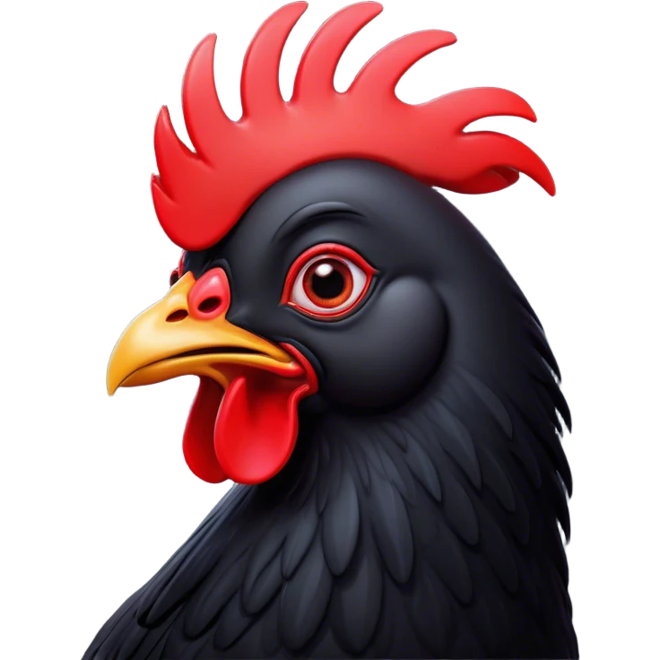 Cinematic Comical Black Chicken Portrait Emoji, Head tilted dramatically with an exaggeratedly amused expression, featuring a sleek, glossy black plumage with a bold red comb, wide, expressive beady eyes filled with playful disbelief, Simplified yet hilariously expressive features, highly detailed, glowing with a slightly sassy glow, high shine, dramatic yet playful, stylized with an air of cheeky mischief, bright and endearing, soft glowing outline, capturing the essence of a spirited and over-the-top chicken, so meme-worthy it feels like it could cluck its way into internet fame instantly! emoji