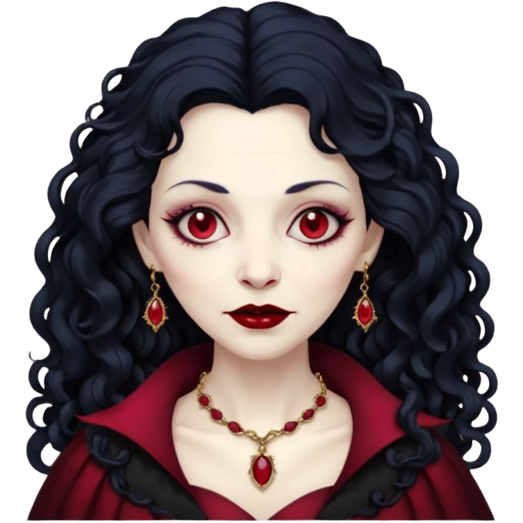 old Vampire lady Pale queen with ruby necklace, curly black long hair emoji