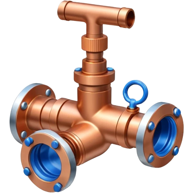 3D icon of connected copper pipes with a blue valve in the center, professional Pixar-like style, plumbing-focused, slightly shiny metallic textures, white background



 emoji