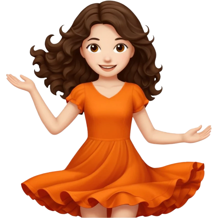 Long dark wavy hair women in orange standing twirling around emoji