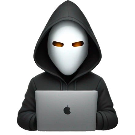 hooded man with a laptop wearing a mask with glowing white eyes emoji
