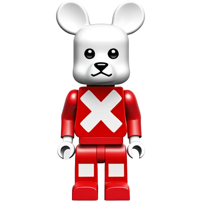 Lego bearbrick with X crosses for eyes, big ears, oversized boots, long limbs, exaggerated proportions, blocky Lego style emoji