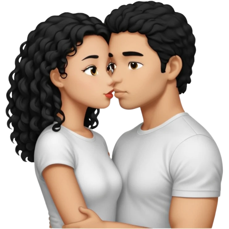 a strong man with short straight black hair kissing a shorter girl with long black curly hair emoji