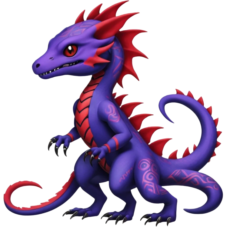 Rare warm-colored exotic gloomy tropical edgy cute epic aesthetic spooky indigo purple white black red gothic colorful Salandit-charmeleon-sergal-species-Fakemon-hybrid-creature, with tribal tattoo markings, full body emoji