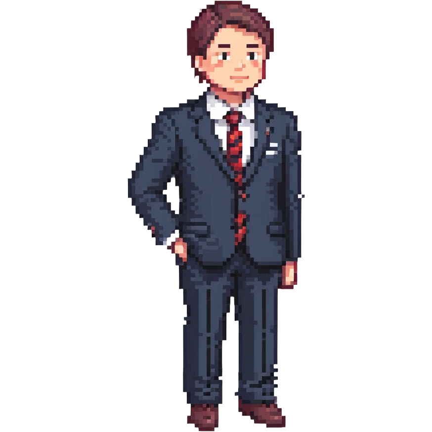 man wearing a dark blue-gray business suit with black horizontal stripes on the arms and legs, white shirt and red tie emoji