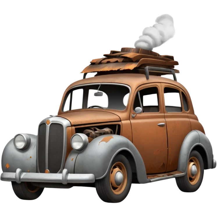 Side view of a broken-down old car with steam from the open bonnet, shattered windows, rusted doors, a flat tire, dents, peeling paint, and a grimy, neglected look. emoji