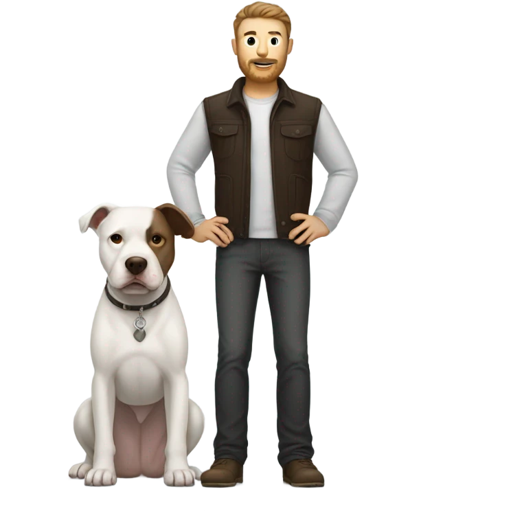 white male with dark brown hair and a lightly scruffy beard standing alongside a white pitbull emoji