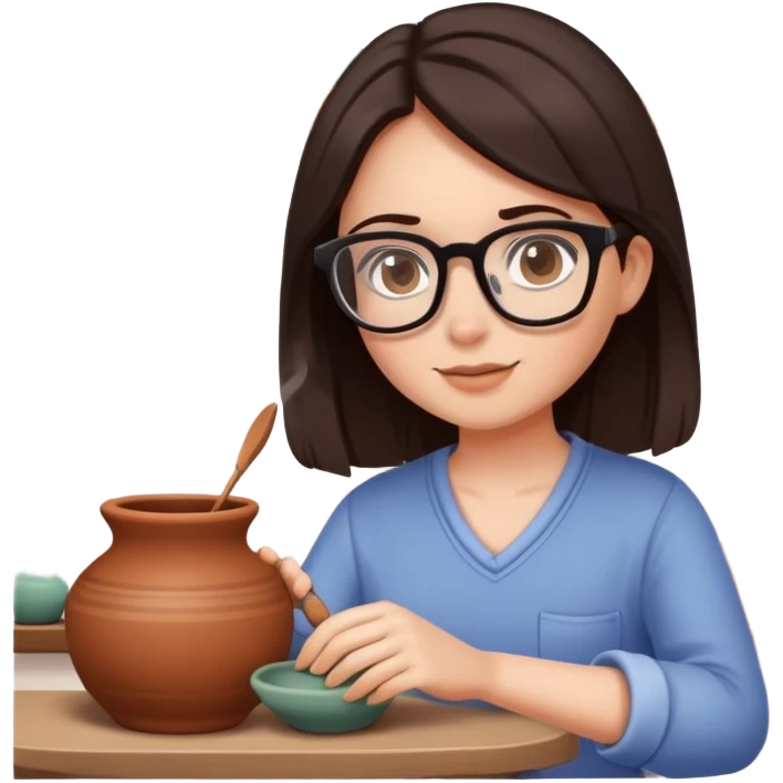 girl with dark brown hair wearing glasses making pottery emoji