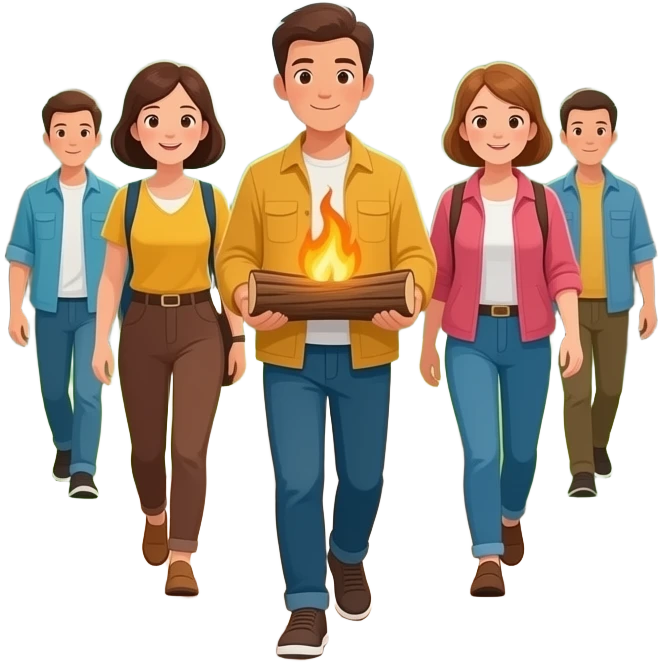 people walking with a burning piece of wood emoji