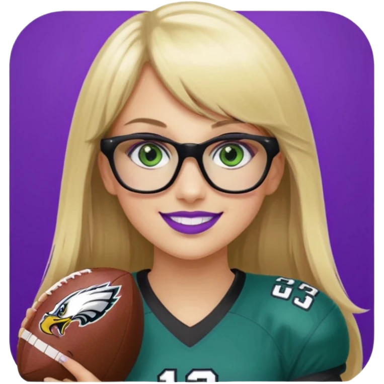 long blonde hair with straight bangs, wearing black rectangle glasses, female, green eyes football player wearing eagles uniform jersey number 33 holding football smiling purple lipstick emoji