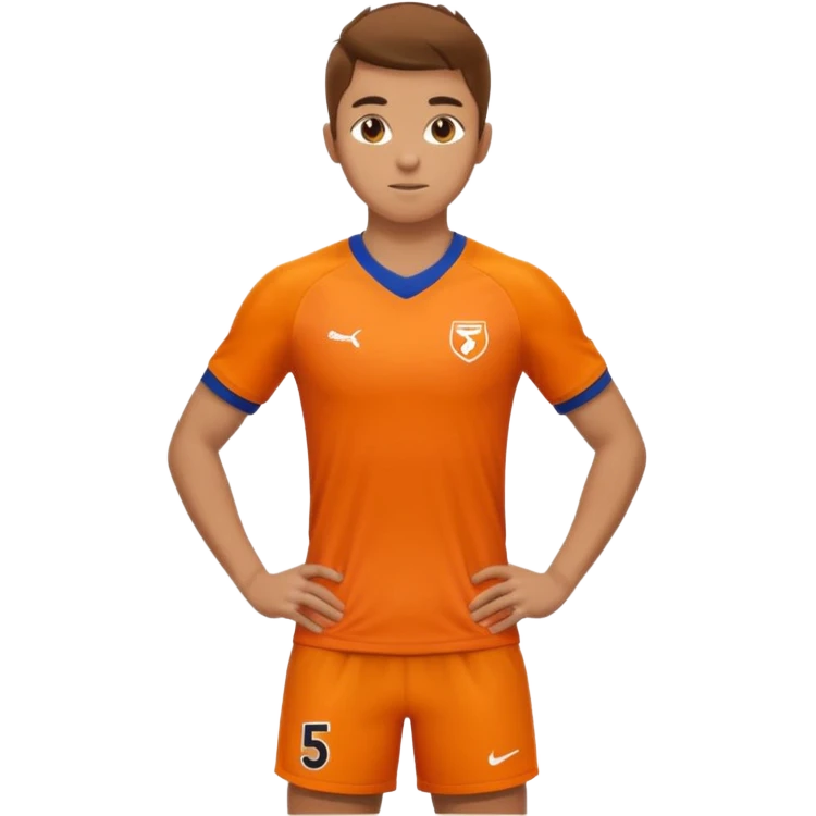 Apple iOS style 22 year old soccer player standing hands on waist, orange jersey #5, stadium lighting emoji