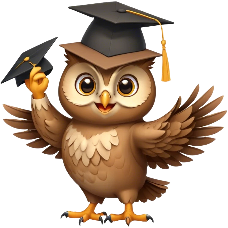 Owl smiling and dancing with graduation hat and diploma in claws emoji