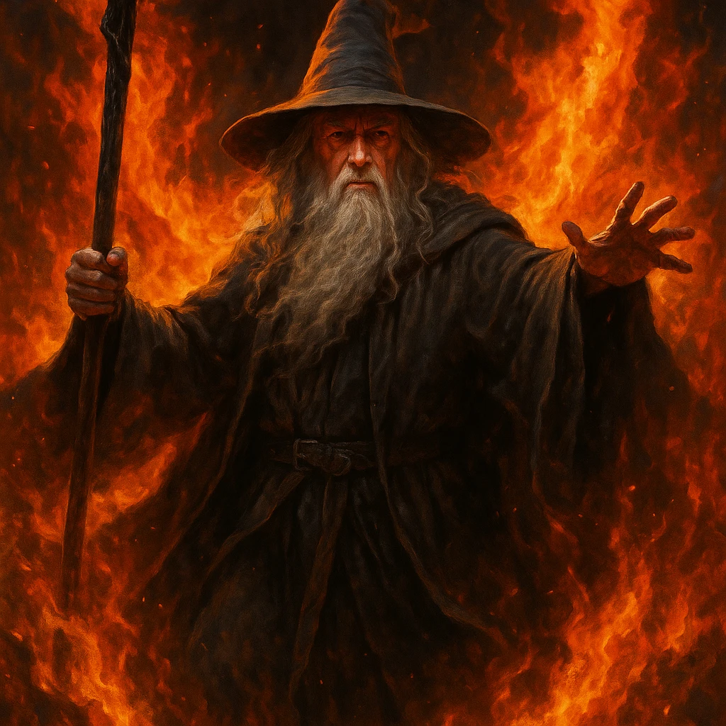 Gandalf wizard surrounded by fire, epic pose, cinematic fantasy, vibrant colors emoji