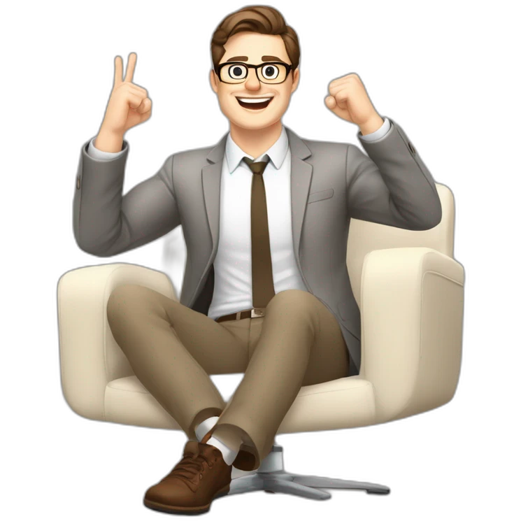 Joyful Celebrating victory Hands up Pale skinned Fit Man With dark brown hair in gray jacket, beige office shirt, Brown pants and vintage glasses sitting In a soft chair emoji