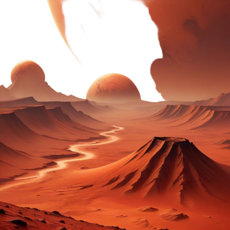 🔥 Cinematic Realistic Mars – A striking, high-resolution image of the Red Planet, featuring its iconic rust-colored terrain, deep canyons, and towering volcanoes. Swirling dust storms can be seen in the thin Martian atmosphere, with sunlight casting long shadows over its desolate, rocky landscape. emoji