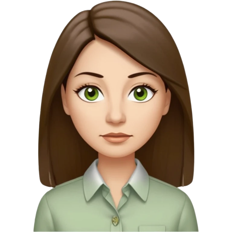 43 year old Adult woman avatar, light skin tone, long, oval face, long straight ashy brown hair, green almond-shaped eyes with dramatic eyelashes and minimal eyeliner, neutral mouth, medium straight eyebrows, average nose, smooth skin,  seersucker collared button down shirt emoji