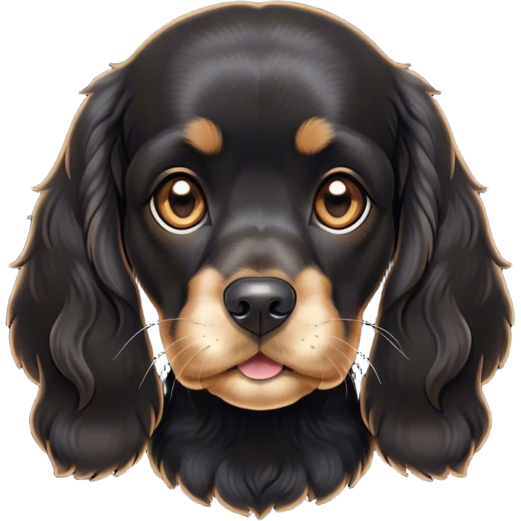 Cinematic Cute Black Cocker Spaniel Portrait Emoji, Head tilted playfully and inquisitively, featuring a glossy black coat with delicate tan accents, round, sparkling dark eyes brimming with curiosity, Simplified yet irresistibly adorable features, highly detailed, glowing with a warm, friendly glow, high shine, affectionate and lively, stylized with a touch of whimsy, bright and endearing, soft glowing outline, capturing the essence of a mischievous yet loving pup, so playful it feels like it could bound out of the screen and into your arms! emoji