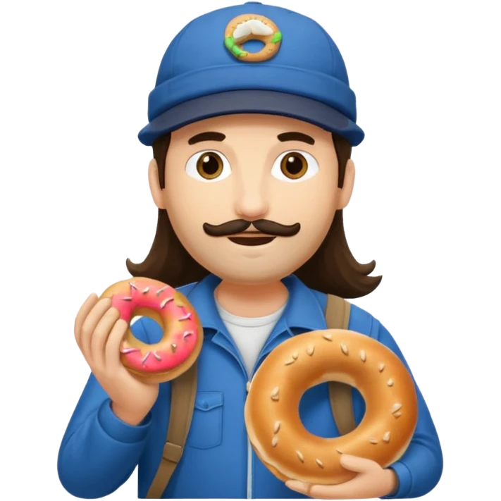tourist brunette long hair man with cap holding bagel emoji