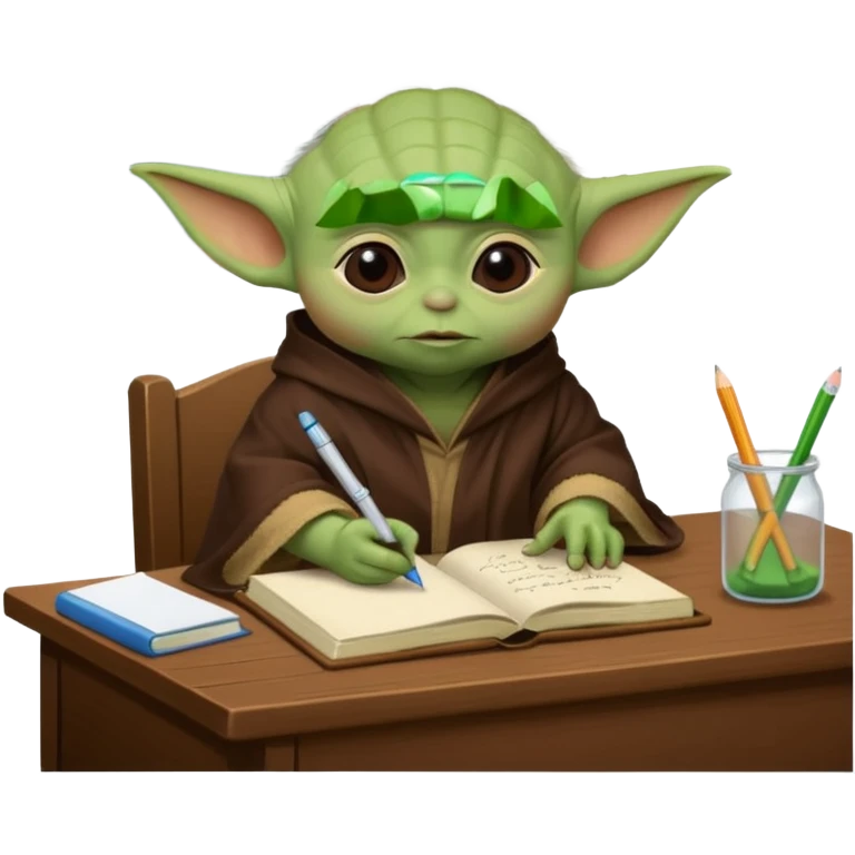 Baby Yoda con su tunica chocolate escribiendo en un cuaderno sobre un escritorio en un aula de clases emoji