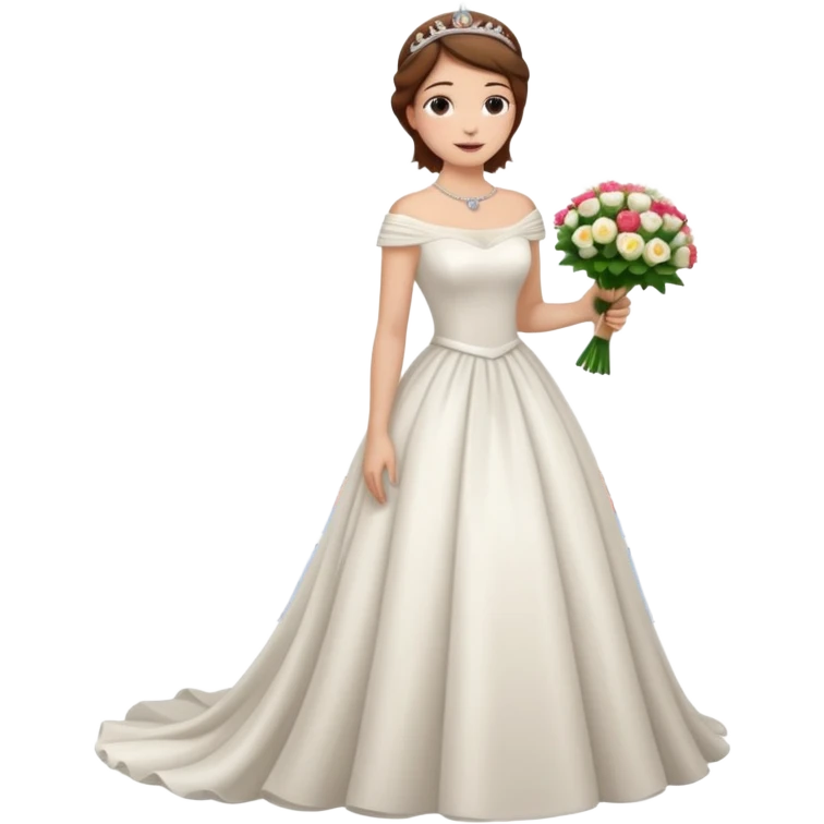 Chica blanca,cuerpo entero, vestido boda cuello barco y , pelo castaño,   1 ramo de flores , pelo recogido con tiara, cola por la parte de atrás del vestido emoji
