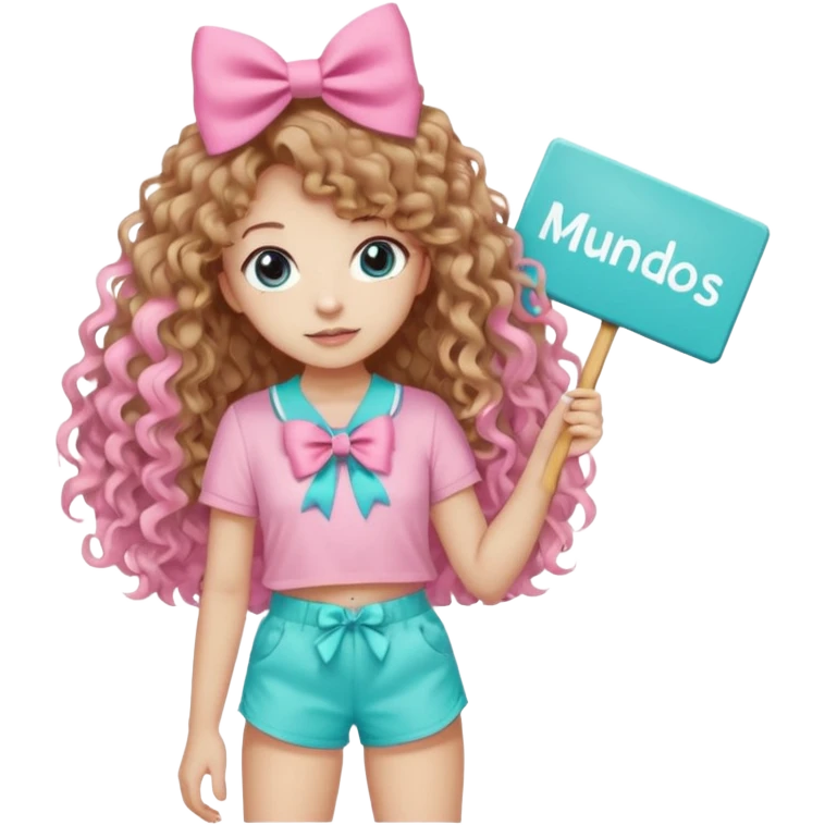 Crea una imagen mía kawai para stickers q tenga bonitos ojos cabello largo crespo color castaño claro y un hermoso moño rosa la blusa rosada y un hermoso chort color azul aguamarina y en sus manos un letrero q diga mundos Artistico Cc los zapatos estilo converse emoji
