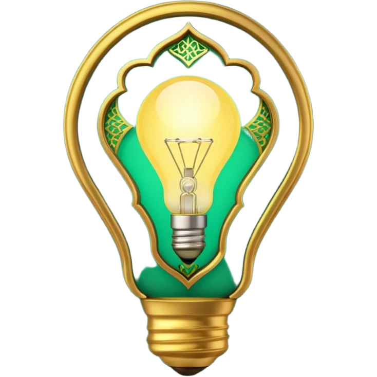 3D emoji, light bulb with Moroccan arabesque pattern inside, golden frame, glowing light, emerald green and gold colors, minimalist, white background. emoji