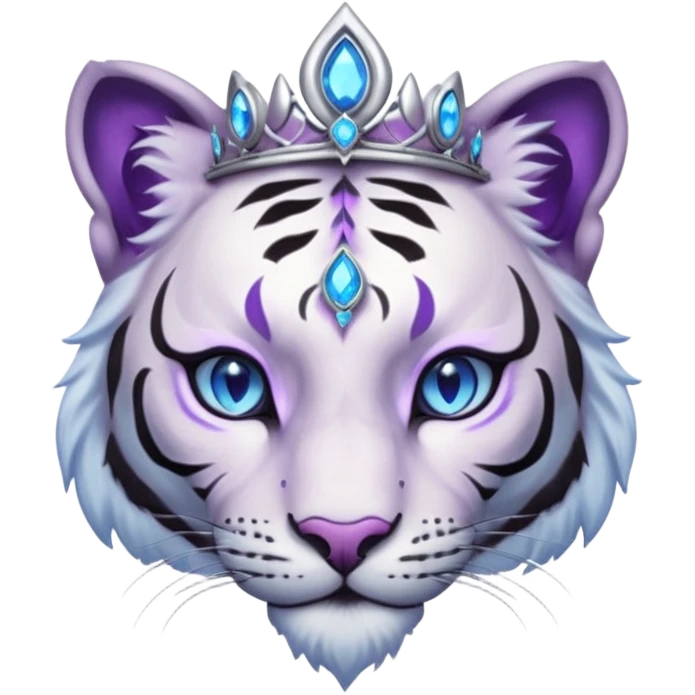 ESO Female white/black tiger khajiit leader of the umbral rose, glowing blue eyes, glowing blue 'third eye' gem; beautiful desined purple gemmed silver tiara emoji