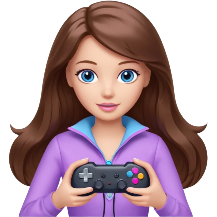 beautiful barbie girl with long brown hair, blue eyes and wearing light purple clothes playing console games with controller emoji