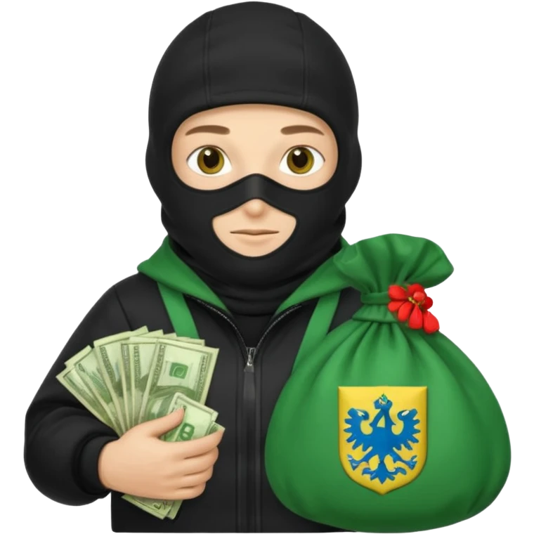 создай реалистичного белого украинца в черное одежде и черной балаклаве с большим мешком денег с  гербом страны на нем  emoji