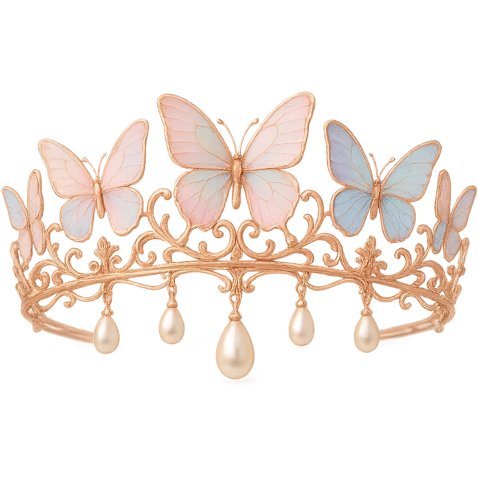 butterfly crown in rose gold with pastel butterflies and pearl drops, soft and romantic emoji