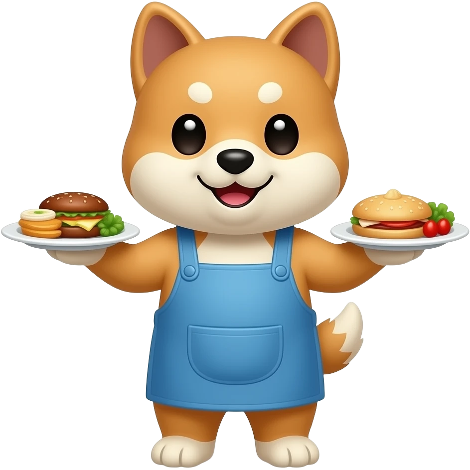 Hachiko dog in chibi cute animation standing on 2 legs serving 2 plates of food , with blue apron on emoji