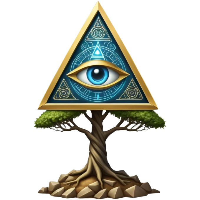 Annunaki tree from Garden of eden, that is actually a ancient tech antenna with illuminati all seeing eye in traingle symbol at the top and with little pyramids hanging like apples emoji