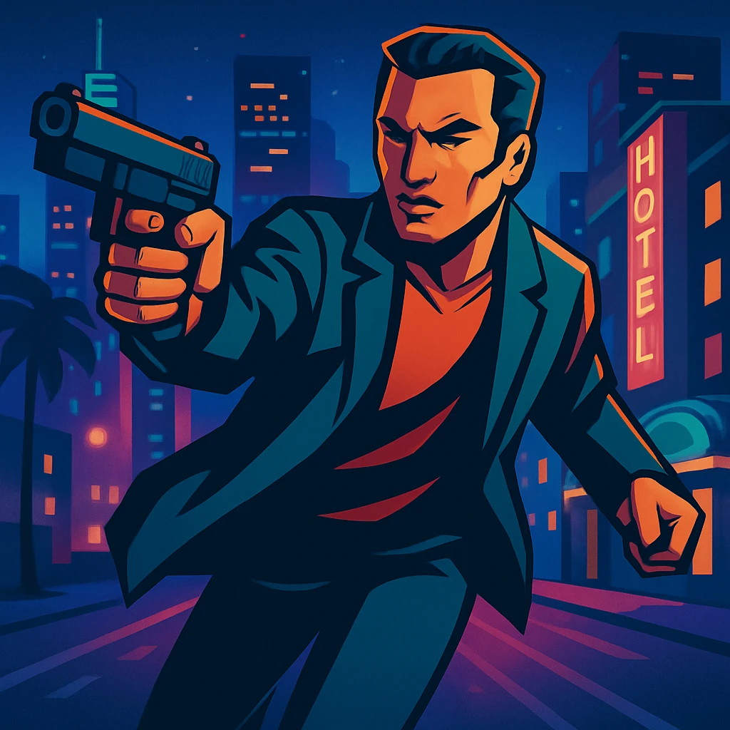 Change background to a vibrant night city, keep GTA character with gun in foreground. Maintain the original style and details of the character while updating the background to a vibrant night cityscape. emoji