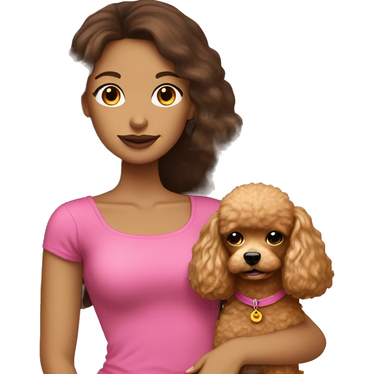 Long straight hair brunette girl in pretty pink strapples top holding a golden toy poodle emoji