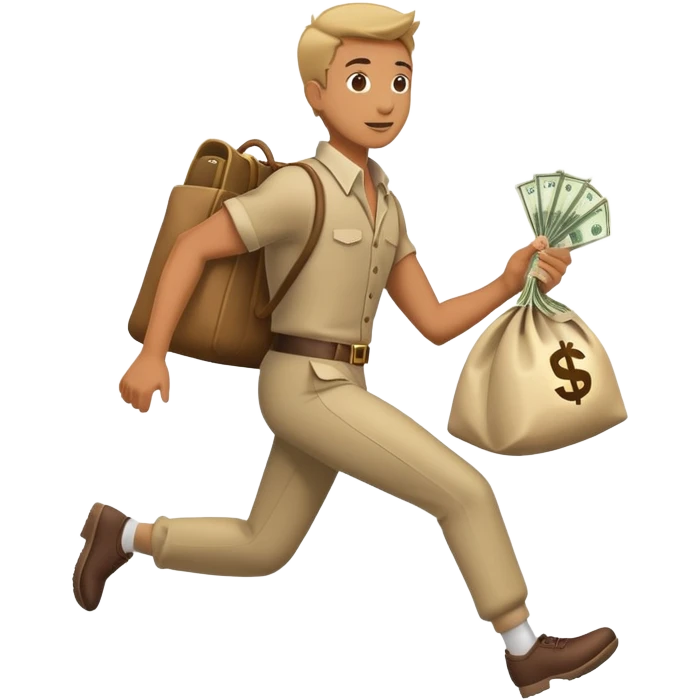 Man in costume, holding a bag money, side view, male, running away emoji
