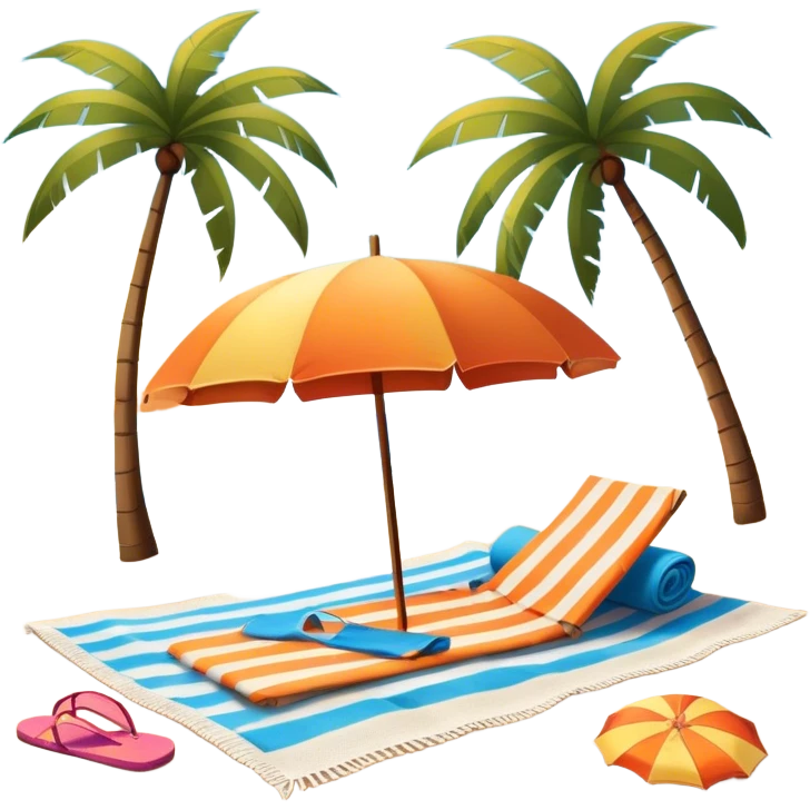 Icon for Beach Tourism: with the blue ocean, orange sunset sun and palm trees in the background, a sun umbrella, flip-flops, and a beach towel on the sand. The icon should represent relaxation and fun at the beach. Transparent background. emoji