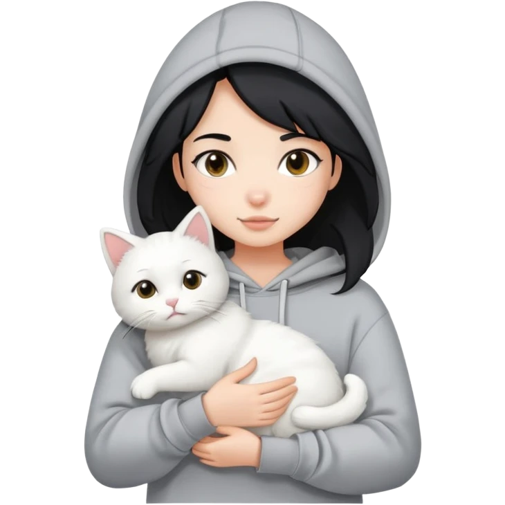 black hair girl wear hoodie with white cat emoji