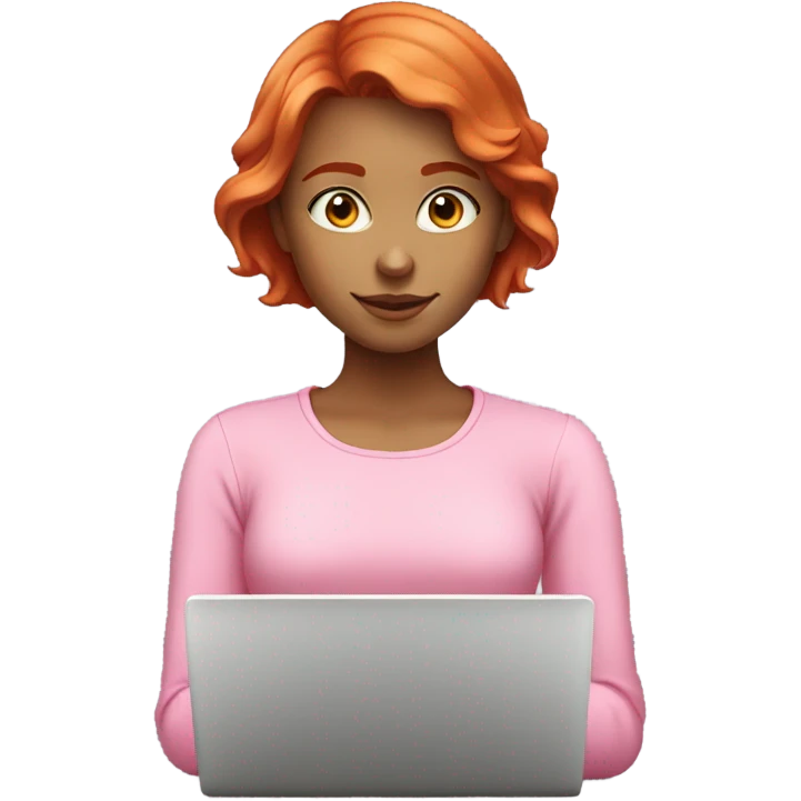 red head girl with short hait and pink longsleeve works at  laptop emoji