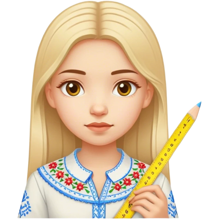 A Ukrainian girl in an embroidered shirt holds a ruler and the number “7” emoji