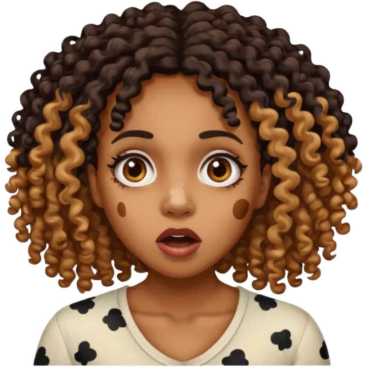 Emoji of a very shocked black female with vitiligo (alot of vitiligo patches) give her more curly hair emoji