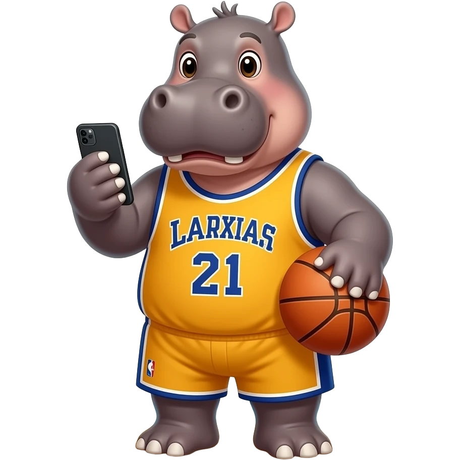 hippopotamus wearing basketball jersey playing cellphone in beach emoji